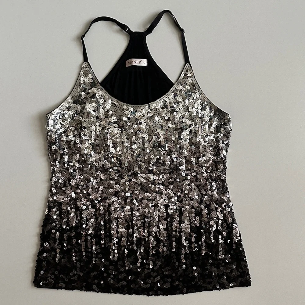 MANER Sequin Halter Tank Top Black Silver Size Large - Picture 1 of 5
